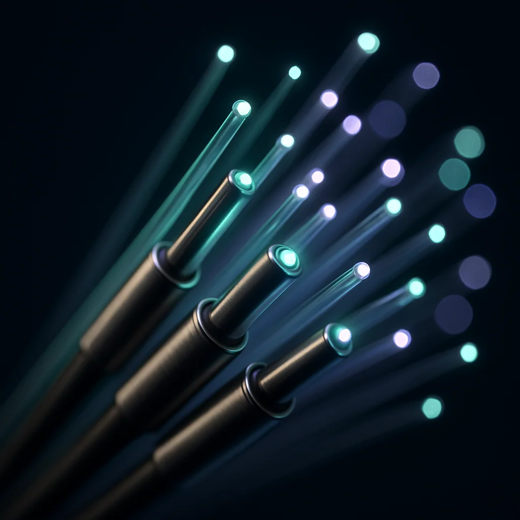 Närbild på en bunt polerade fiber-optiska kablar med mintgrönt och violett ljus