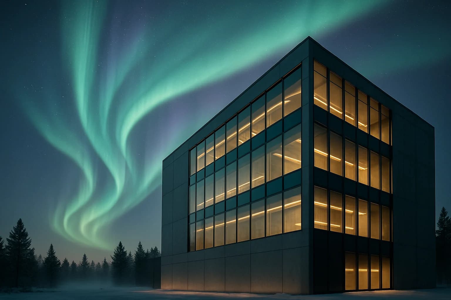 Nordhostings datacenter i Stockholm med aurora borealis över byggnaden — brutalist glasfasad upplyst inifrån, omgiven av snöiga tallar