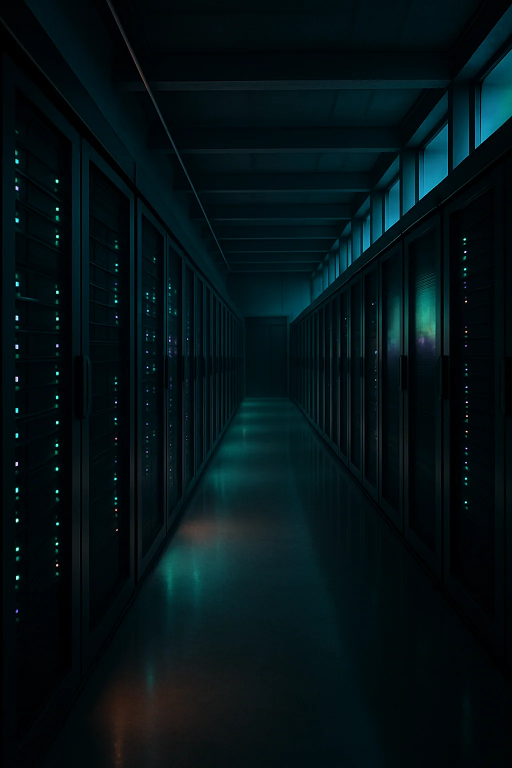 Serverrum med svarta rack i lång perspektivvy och gröna LED-lampor — Nordhostings datacenter i Stockholm