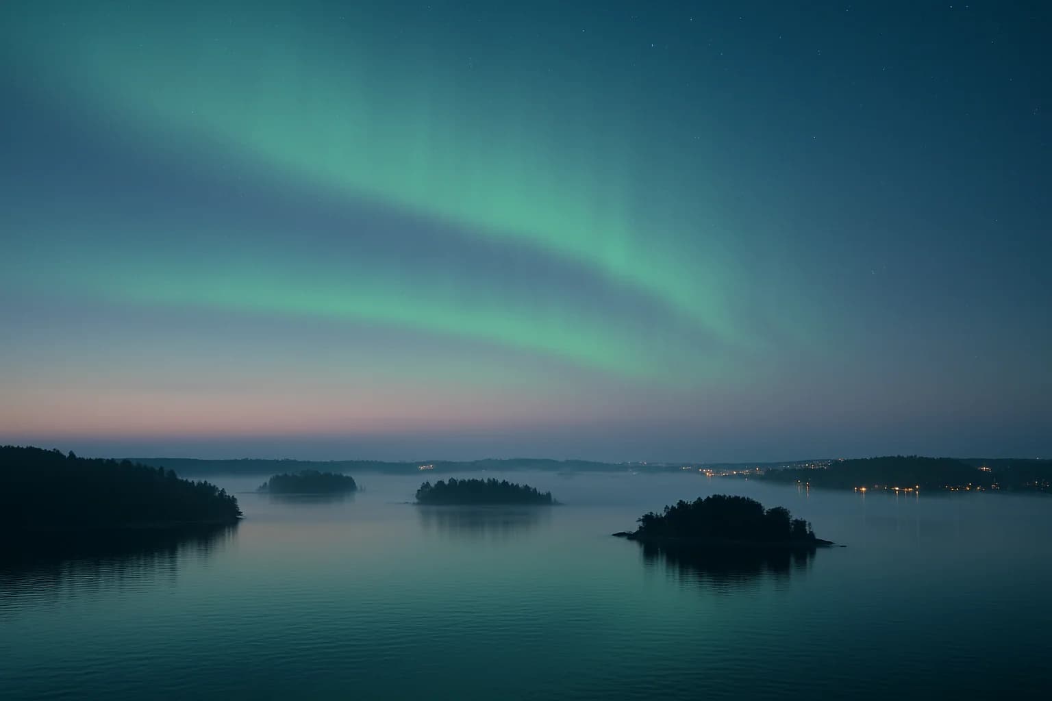 Stockholm-skärgården i blå timmen med aurora — där våra tekniker sitter